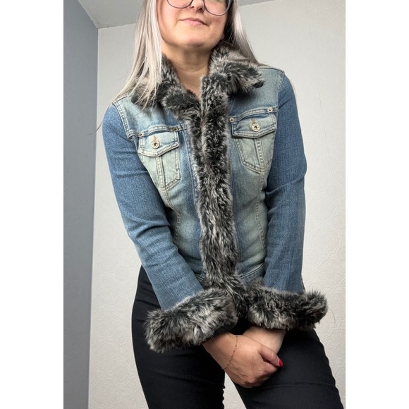 Vintage Jackets & Blazers - Vintage Y2K Allen B Allen Schwartz Faux Fur Trim Denim Jacket Medium Wash Small